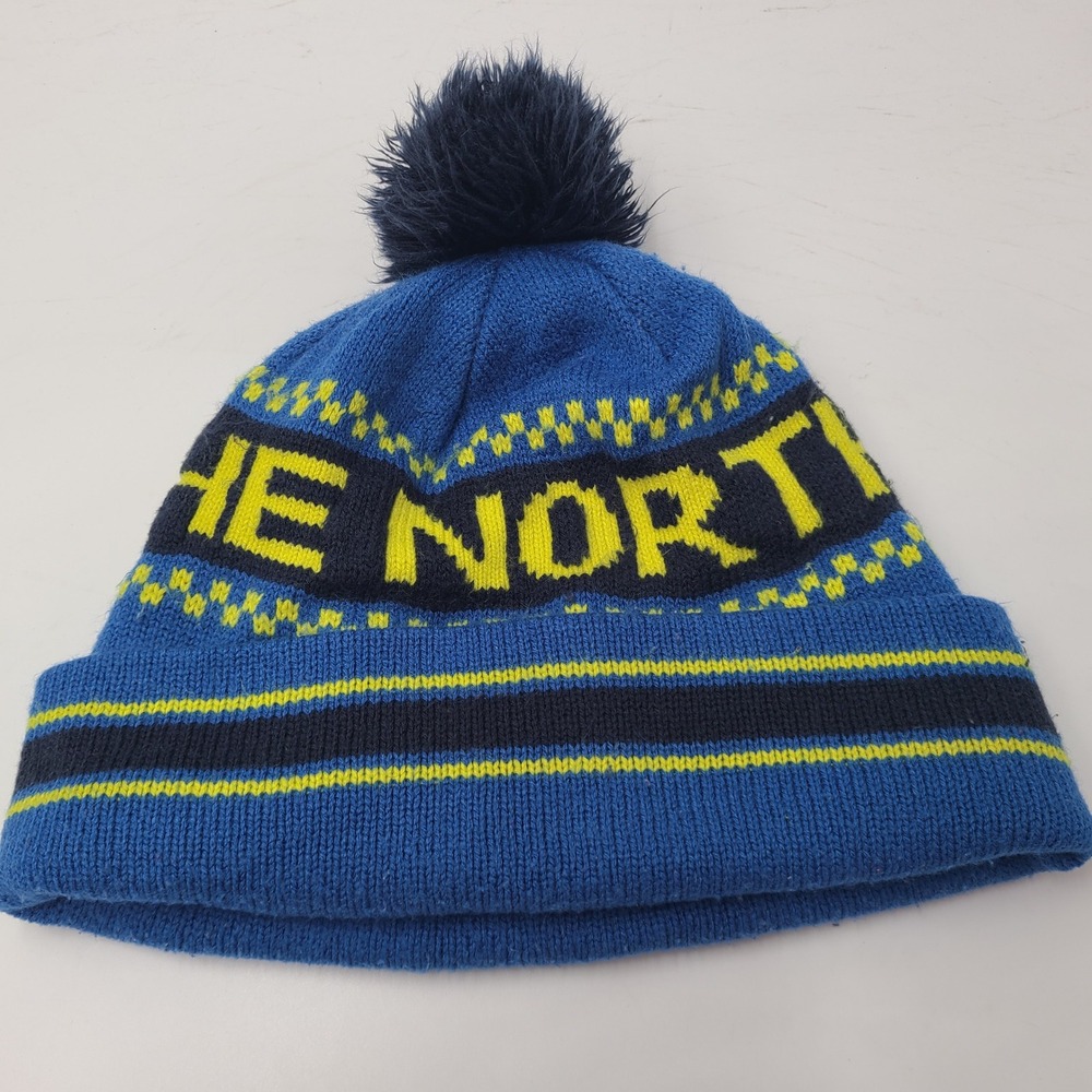 The North Face Hat Beanie Blue Yellow Pom Winter Knit Stocking Cap Outdoors Men